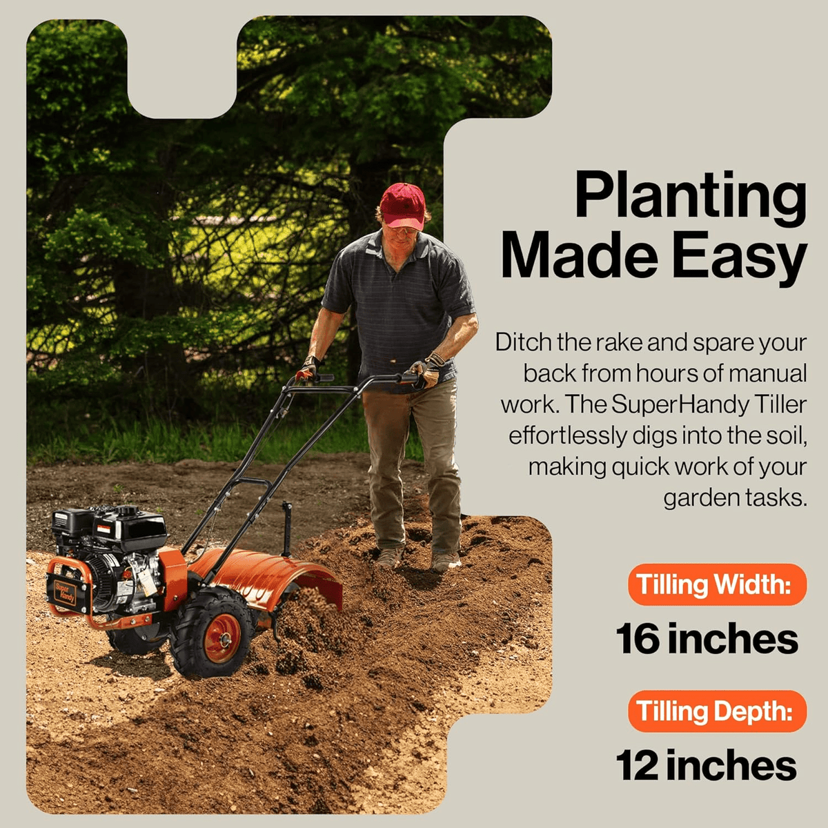 Super Handy GUO116 Rear Tine Tiller Cultivator 16” Width 12" Depth 7HP 209cc 4 Stroke Gas Motor 12 Steel Adjustable Tines New