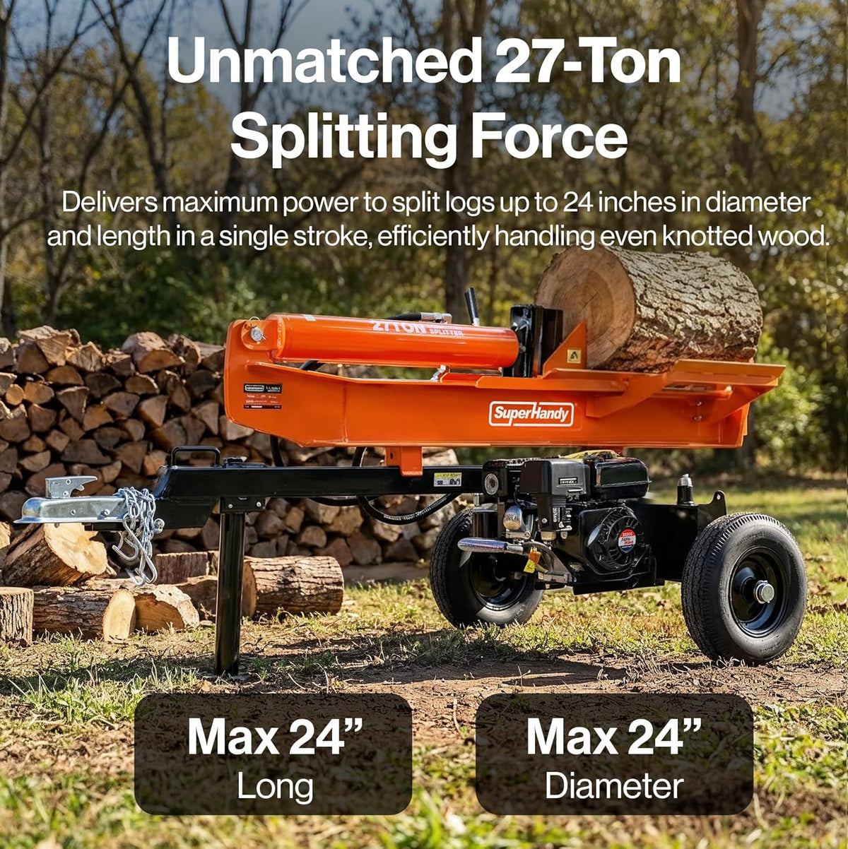 Super Handy GUT199 Log Splitter 27 Ton Full Beam Vertical/Horizontal 223cc Gas Towable New - GUT199