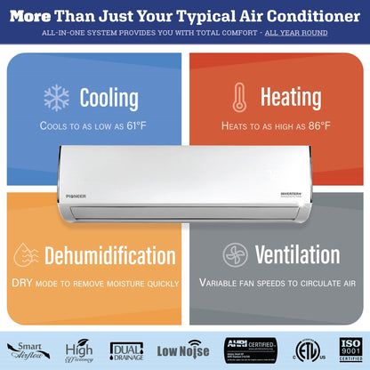 Pioneer Diamante Pro Series 18,000 BTU 19 SEER2 Ductless Mini-Split Air Conditioner Inverter+ Heat Pump Full Set 230V with 16 Ft. Kit - WYT018GLFI19RL