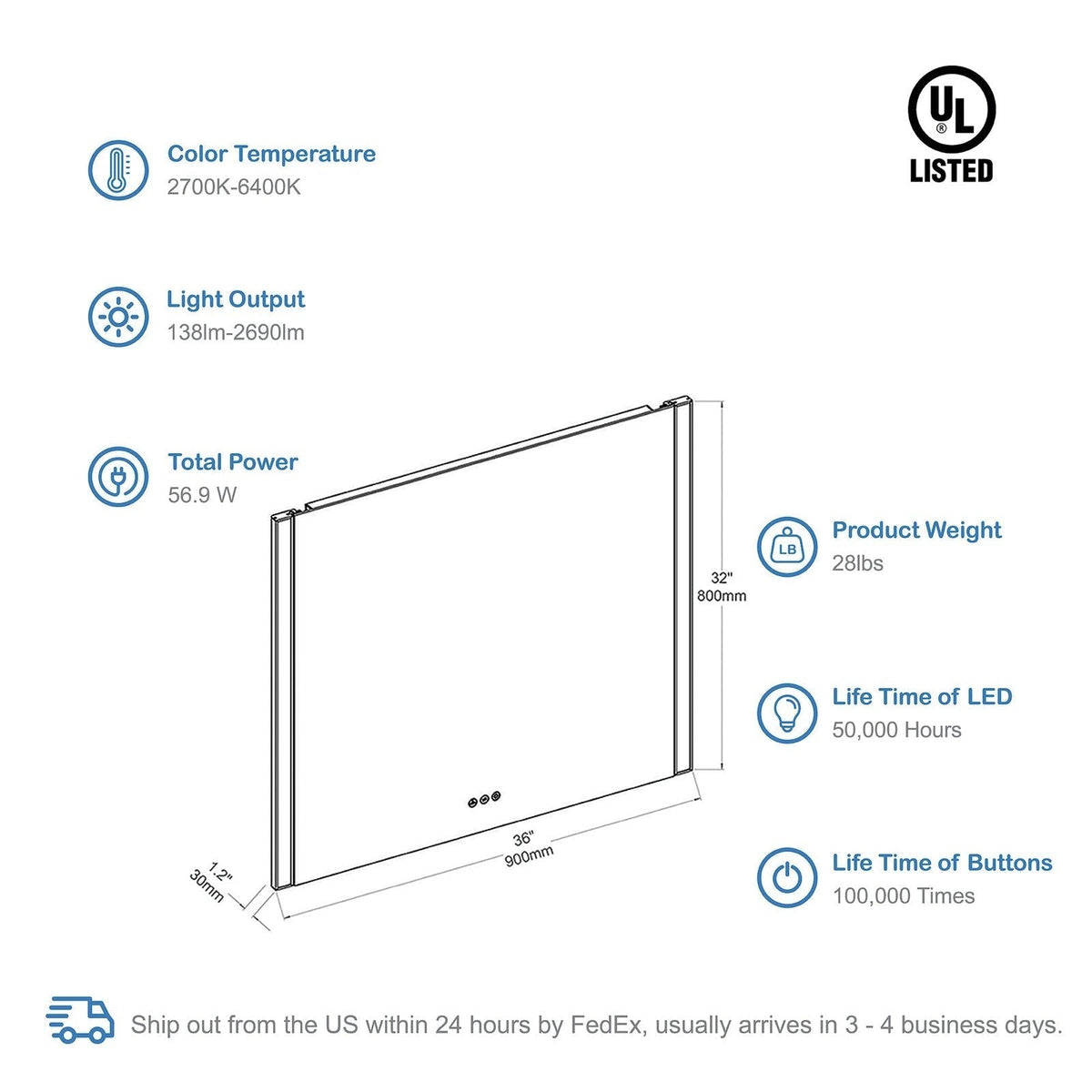 Blossom Binary 36″ LED Mirror - LED M5 3632 CH