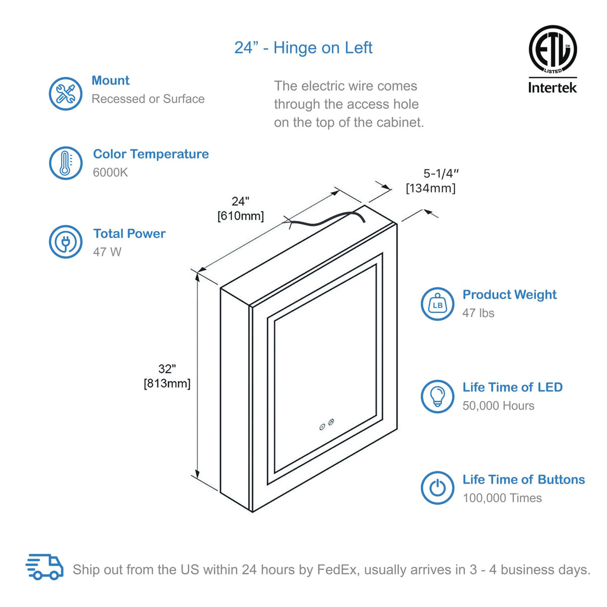 Blossom Vega – 24 Inches LED Medicine Cabinet - MCL4 2432L