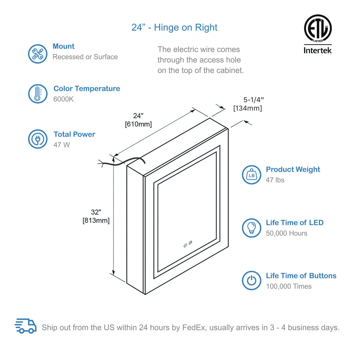 Blossom Vega – 24 Inches LED Medicine Cabinet - MCL4 2432L