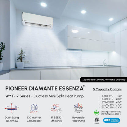 Pioneer Diamante Essenza 35,000 BTU 17 SEER2 230V High-Wall Ductless Mini-Split Air Conditioner Inverter Heat Pump with 16 Ft. Kit - WYT036GLUI17RL