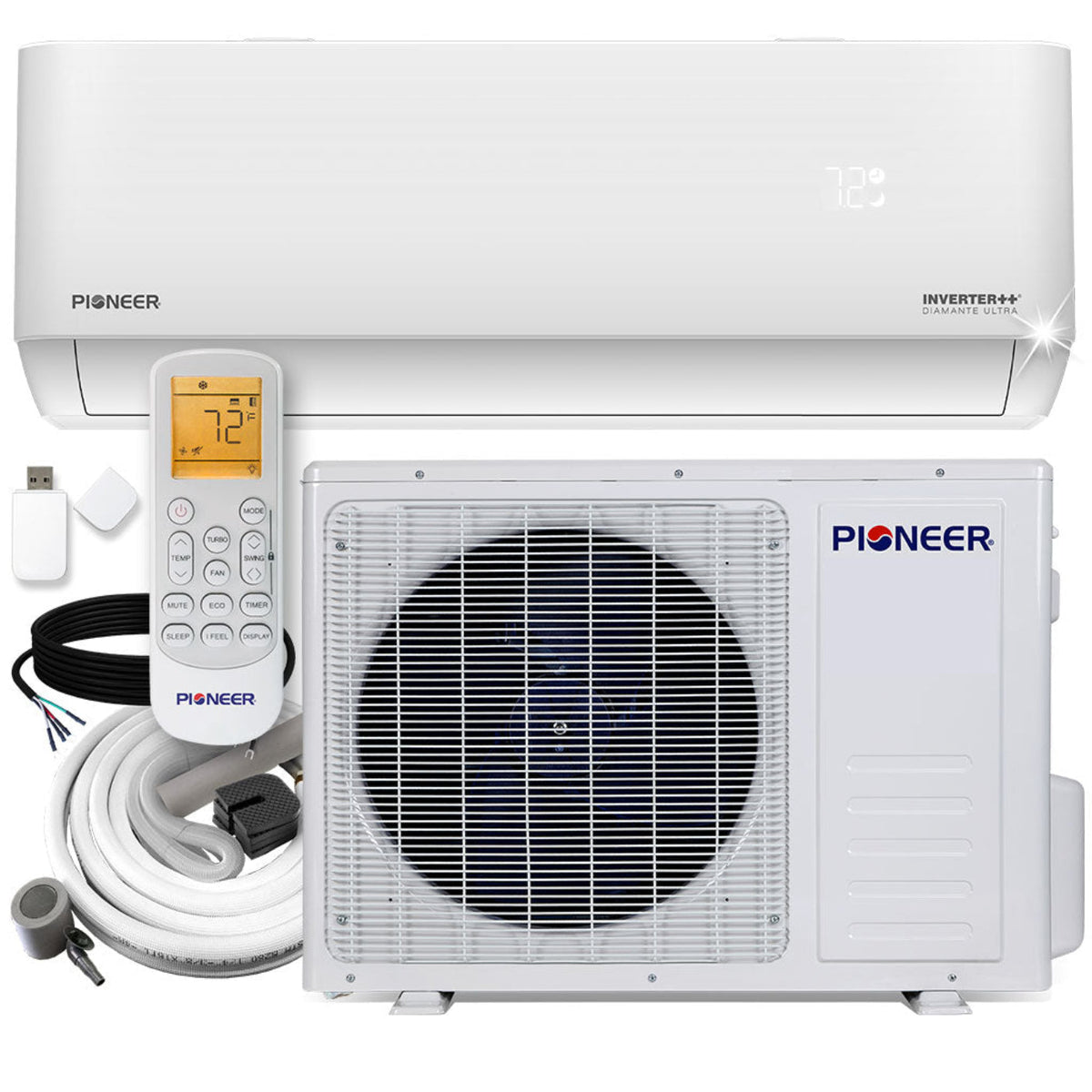 Pioneer Diamante Ultra 24,000 BTU 20 SEER2 Ductless Mini-Split Inverter++ Energy-Star Wi-Fi Air Conditioner Heat Pump Full Set 230V with 16 Ft. Kit - WYT024GLFI22RL