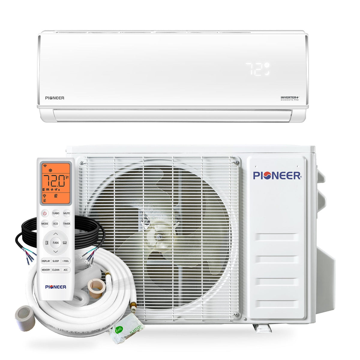 Pioneer Diamante Pro 9,000 BTU 19 SEER2 115V High-Wall Ductless Energy-Star Mini-Split Air Conditioner Inverter Heat Pump with 16 Ft. Kit - WYT009ALSI20RL